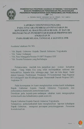 Laporan tim penyelenggara pada upacara penutupan Penataran P4 bagi Pegawai RI Non Eselon Gol.IV d...