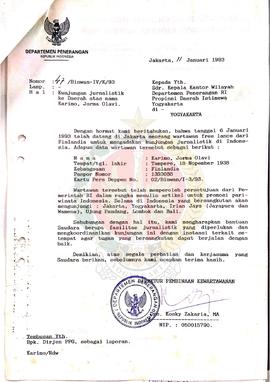 Berkas surat perihal kunjungan jurnalistik ke daerah atas nama Karimo Jorma Olivia dalam rangka m...