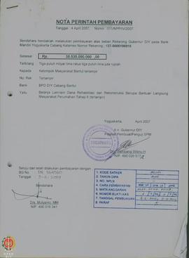 Bendel nota perintah membayar belanja lain-lain dana rehabilitasi dan rekoonstruksi berupa bantua...