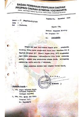Surat dari Ketua Badan Pembinaan Perfilman Daerah Provinsi Daerah IStimewa Yogyakarta kepada Pimp...