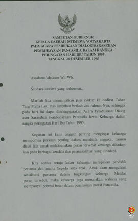 Teks Sambutan Gubernur Kepala Daerah DIY pada Pembukaan Dialog/ Sarasehan Pembudayaan Pancasila d...