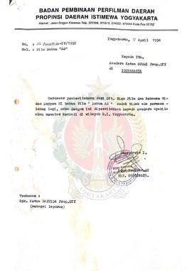 Surat dari Sekretaris I Badan Pembinaan Perfilman Daerah Provinsi Daerah Istimewa Yogyakarta kepa...