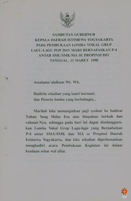 Sambutan Gubernur Kepala DIY pada pembukaan lomba vokal group lagu-lagu pop dan mars bernafaskan ...