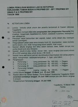 Selebaran tertanggal 15 Maret 1996 tentang Ketentuan Lomba Penulisan Naskah Lakon Ketoprak Kerjas...