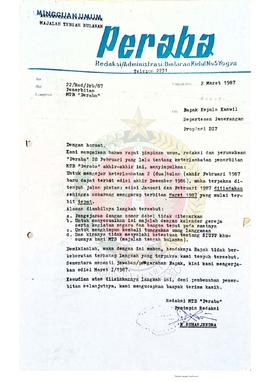 Surat dari Pemimpin Redaksi Majalah Tengah Bulan Peraba kepada Kepala Kantor Wilayah Departemen P...