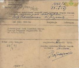 Surat dari Djawatan Pradja DIY kepada Pradja Pakualaman di Yogyakarta Nomor : OP/2173/4434/IV/Te....