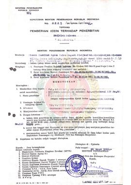 Keputusan Menteri Penerangan Republik Indonesia Nomor : 0225/SK/DPHM/SIT/1966 tentang pemberian i...