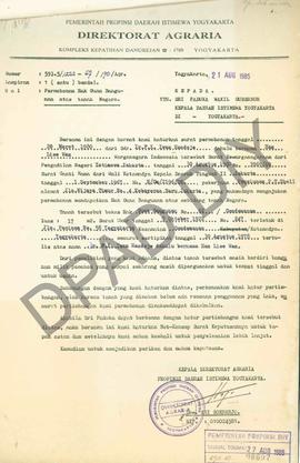 Surat Direktorat Agraria Propinsi DIY kepada Wakil Gubernur DIY tentang permohonan Hak Guna Bangu...