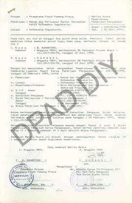 Berita Acara pemerintahan pekerjaan pengawasan Proyek Prasarana Fisik Pamong Praja Rehab dan Perl...