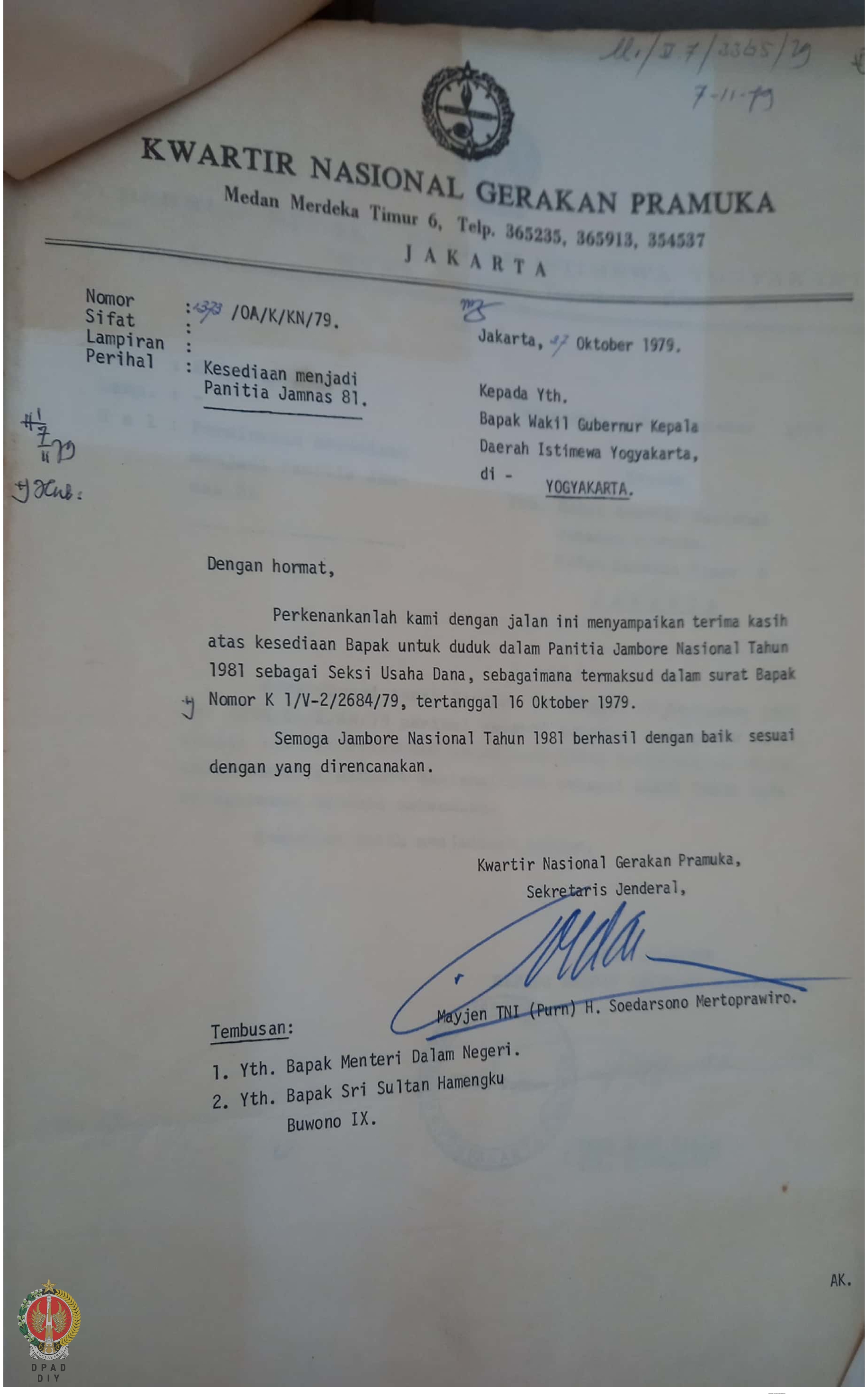 Surat Sekjen Kwartir Nasional Gerakan Pramuka Kepada Wagub Provinsi DIY ...