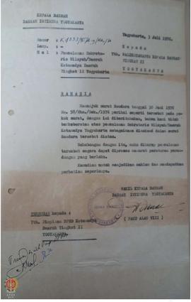 Surat No. K 4333/IV/A-9/RK/76 dari Wakil Kepala Daerah DIY kepada   Walikotamdya Kepala Daerah Tk...