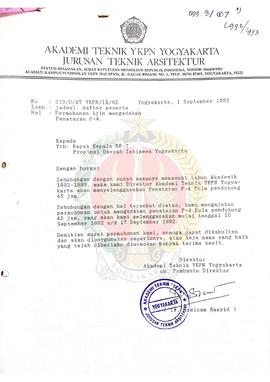 Surat dari Direktur Akademi Teknik Yayasan Keluarga Pahlawan Negara Yogyakarta ub. Pembantu Direk...