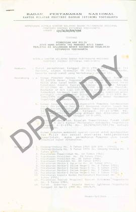 Surat Keputusan Kepala   Kantor Wilayah BPN Provinsiinsi DIY                     No : 031/sk/hm/b...