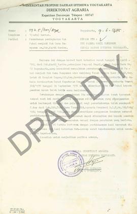 Surat Kepala Direktorat Agraria Propinsi DIY kepada Sri Paduka Wakil Gubernur Kepala Daerah DIY t...