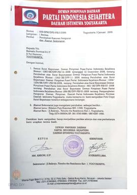 Surat  dari DPD Partai Indonesia Sejahtera kepada Bawaslu DIY perihal Perubahan Susunan Pengurus ...