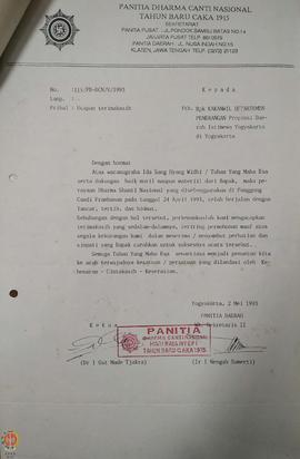 Surat dari Panitia Dharma Shanti Nasional kepada Kantor Wilayah Departemen Penerangan Daerah Isti...