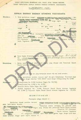 Surat keputusan Kepala Daerah DIY no. 27/HAK/KPTS/1979 dan no. 26/HAK/KPTS/1979 tentang pemberian...
