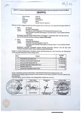 Berita Acara Penarikan/Penggunaan Dana Rehabilitasi/Rekonstruksi Rumah (BAPPD) Rusak Sedang, Nama...