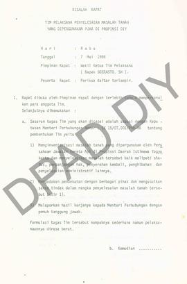 Risalah rapat Tim Pelaksanaa Penyelesaian Masalah Tanah yang dipergunakan PJKA di Propinsi DIY ta...