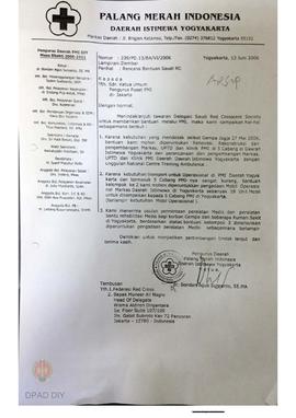 Surat dari PMI DIY kepada Ketua Umum Pengurus Pusat PMI Jakarta periha rencana bantuan tawaran de...