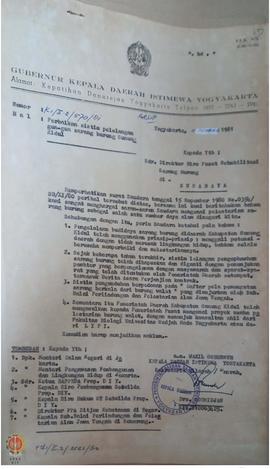 Surat Wakil Gubernur Daerah Istimewa Yogyakarta kepada Direktur Biro Pusat Rehabilitasi Sarang Bu...