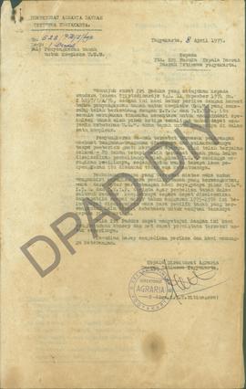 Surat Kepala Direktorat Agraria DIY kepada Sri Paduka Kepala Daerah DIY tentang penyengkeran tana...