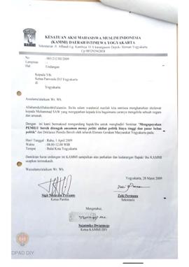 Surat dari Kesatuan Aksi Mahasiswa Muslim Indonesia (KAMMI) DIY perihal Seminar “Mengupayakan Pem...