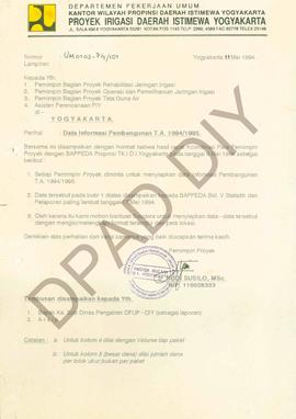 Surat dari Kanwil P.U. Propinsi DIY kepada pemimpin bagian proyek rehabilitasi jaringan irigasi, ...