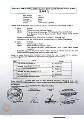 Berita Acara Penarikan/Penggunaan Dana Rehabilitasi/Rekonstruksi Rumah (BAPPD) Rusak Berat, Nama ...