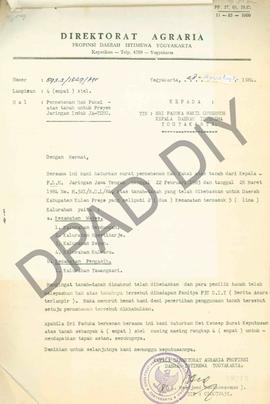 Surat Kepala Direktorat Agraria Propinsi DIY kepada Sri Paduka Wakil Gubernur Kepala DIY tentang ...