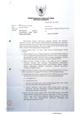 Surat masuk No. 369/Bawaslu/V/2009 dari Badan Pengawas Pemilihan Umum RI perihal penanganan lapor...