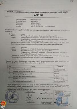 Berkas penerimaan dana rehabilitasi dan rekonstruksi rumah kelompok masyarakat Hargomulyo XVI, XV...