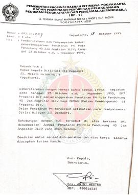 Surat dari BP-7 Daerah Istimewa Yogyakarta kepada Kepala Pendidikan dan Pelatihan Wilayah III Dep...
