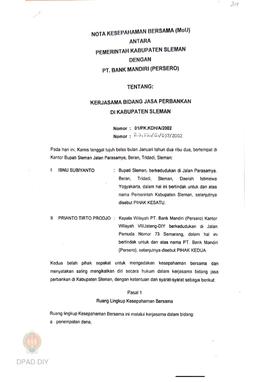 Nota Kesepahaman Bersama (MoU) antara Pemkab. Sleman dengan PT Bank Mandiri (Persero) No. 01/PK.K...