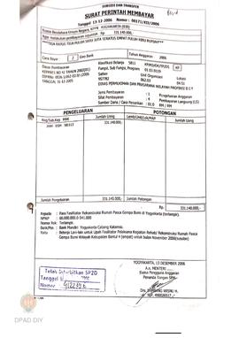 Surat Perintah Pencairan Dana kepada para Fasilitator Rekonstruksi Rumah Pasca Gempa Bumi di Yogy...