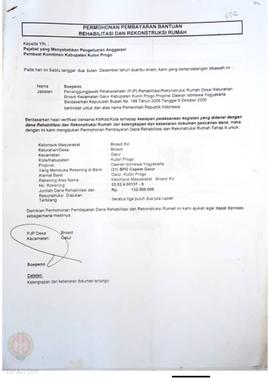 Permohonan Pembayaran Bantuan Rehabilitasi dan Rekonstruksi Rumah, Kelompok Masyarakat Karang, Ke...