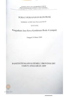 Surat Perjanjian Kontrak No 14/SPK/Sek.Panwaslu DIY/III/09 tentang Pengadaan Jasa Sewa Kendaraan ...