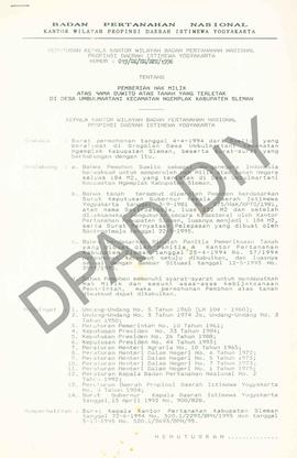 Surat Keputusan Kepala   Kantor Wilayah Badan Pertanahan Nasional Provinsi DIY. No : 019 /SK / HM...