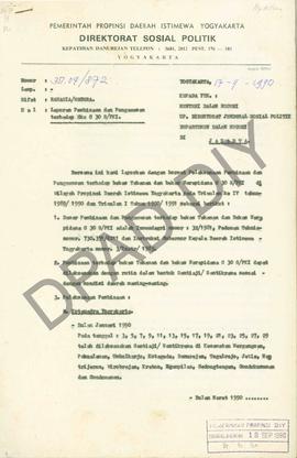 Surat dari Kepala Bagian Tata Usaha, Dra. Sri Harwoeri atas nama Kepala Direktorat Sosial Politik...