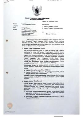 Surat dari Bawaslu RI untuk Ketua  Panwaslu Provinsi dan Kabupaten/Kota  DIY perihal penanganan a...