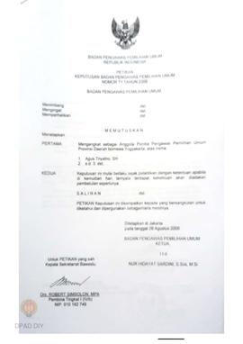 Petikan Keputusan Badan Pengawas Pemilihan Umum No. 71 Tahun 2008 tentang pengangkatan Agus Triya...