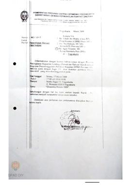 Surat dari Sekretariat DPRD DIY kepada Ketua  Panwaslu DIY tentang permohonan narasumber dalam ra...