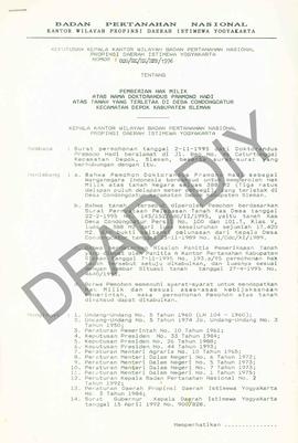 Surat Keputusan Kepala   Kantor Wilayah Badan Pertanahan Nasional Provinsi DIY. No : 020 /SK / HM...