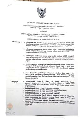 Surat Keputusan Gubernur DIY nomor 142 tahun 2003 tentang penggantian nama dan logo Rumah Sakit J...