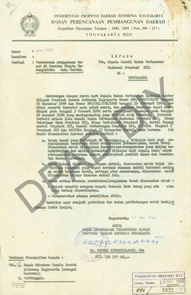 Surat dari Bappeda Yogyakarta kepada Kepala  Kantor Wilayah Badan Pertanahan Nasional Propinsi DI...