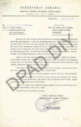 Surat Kepala Direktorat Agraria Propinsi DIY kepada Sri Paduka Wakil Gubernur Kepala DIY tentang ...