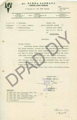 Surat dari Kepala Cabang PT. Purna Sadhana Cabang Jateng kepada Pemimpin Proyek Irigasi Kali Prog...