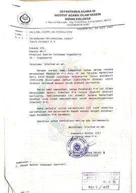 Berkas surat perihal permohonan persetujuan judul/topik diskusi P-4 dalam rangka menghadapi Penat...