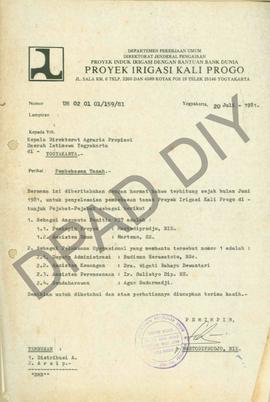 Surat dari Pimpinan Proyek Irigasi Kali Progo kepada Kepala  Direktorat Agraria Provinsi DIY peri...