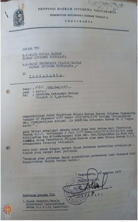 Surat No: 1420/UP/R/509/PP/B-4 dari Kepala Daerah DIY kepada    Walikota Kepala Daerah Kotamadya ...